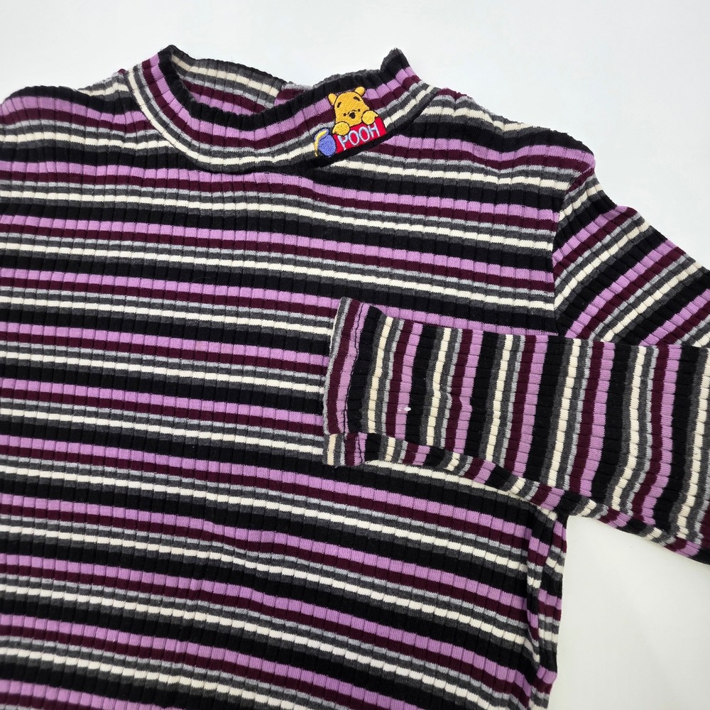 VINTAGE‎ 90S WINNIE THE POOH MOCK NECK RIBBED SHIRT GIRLS LARGE STRIPED STRETCH